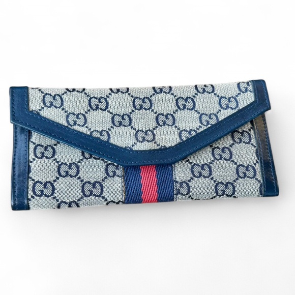 Gucci Blue/Beige with Red Stripe GG Supreme Canvas Vintage Wallet - Picture 2 of 5